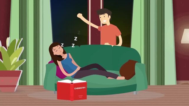 Young woman sleeping peacefully on a green couch while studying chemistry with her friend standing nearby