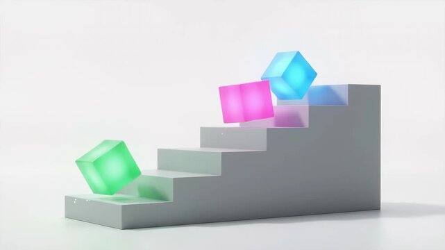 Glowing colored cubes hopping up a set of white steps in a minimal bright studio environment, symbolizing gamified corporate training, employee skill progression, and interactive learning levels.