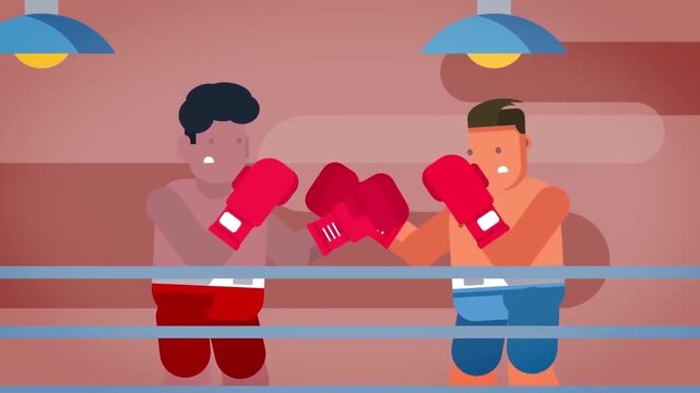 Animated cartoon boxers fighting inside a brightly lit boxing ring wearing red gloves and colorful sports shorts