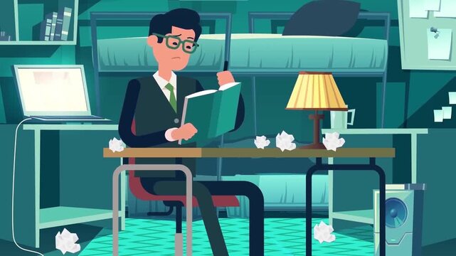 Frustrated student wearing glasses reading textbook and throwing paper balls at desk inside bedroom