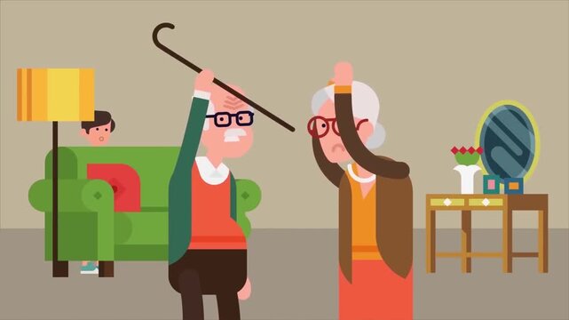 Angry elderly man holding a walking cane over terrified elderly woman while young child watches from living room sofa
