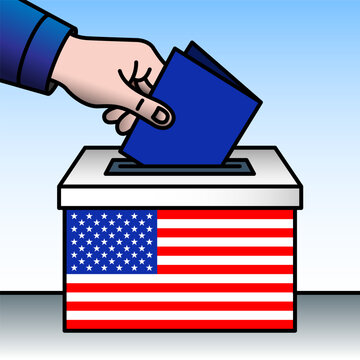 USA, ballot box, flag and hand inserting a ballot paper into a ballot box, vector illustration