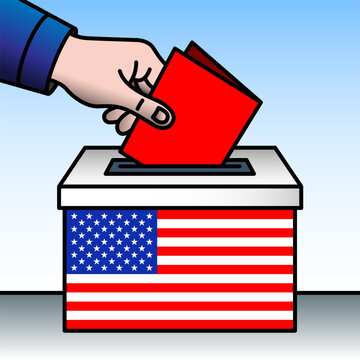 USA, ballot box, flag and hand inserting a ballot paper into a ballot box, vector illustration