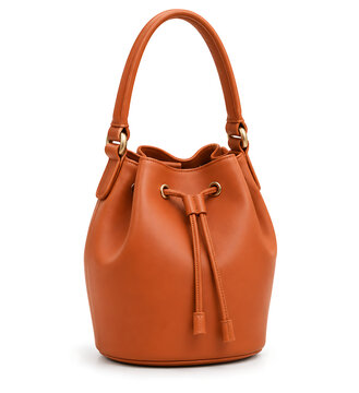 An orange leather bucket bag with a drawstring closure and handle is presented on a white background accessory apparel autumnal beige bucketbag burgundy carryall cinch
