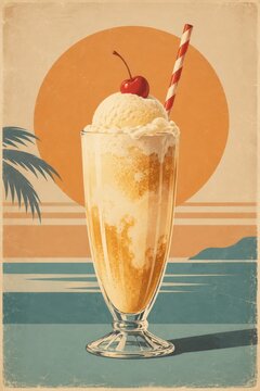 Milkshake in a tall vintage glass topped with whipped cream and a bright red cherry against a sunset beach backdrop.