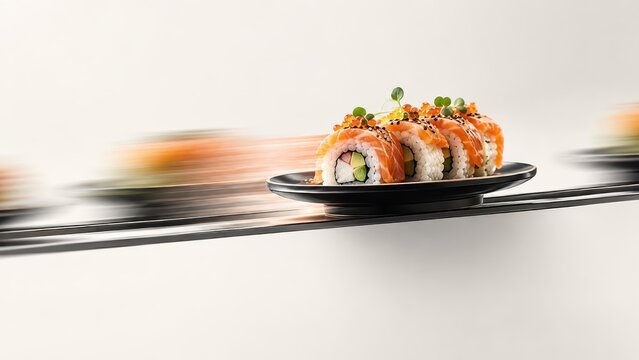 Sushi roll with salmon and avocado on a black plate moving dynamically along a conveyor belt against a clean minimalist white background.