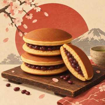 Sweet Japanese dorayaki pancakes filled with rich red bean paste stacked on a dark wooden tray with a painted Mt Fuji backdrop and cherry blossom branches.