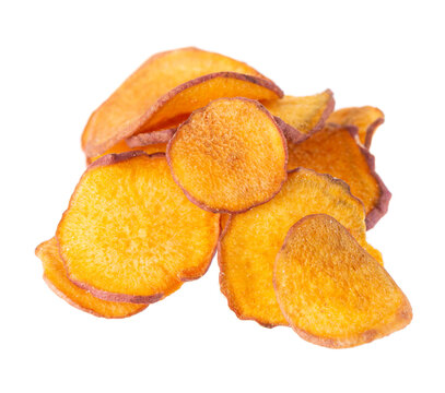 Crispy roasted sweet potato chips with sea salt, isolated on white background. Healthy and crunchy natural vegetable snack. Clipping path.