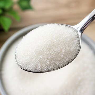 A silver spoon filled with sparkling white granulated sugar, resting above a sugar bowl against a wooden background with blurred green foliage.