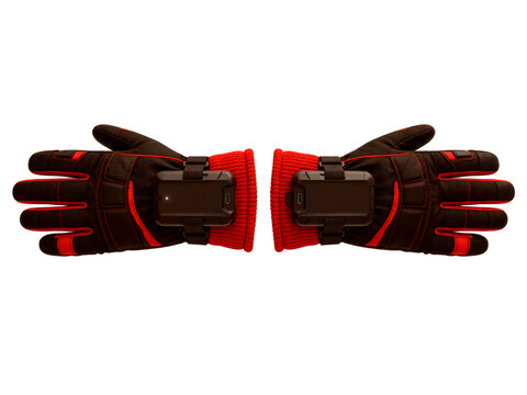 Pair of black and red gloves with mounted smart device on the back of hand