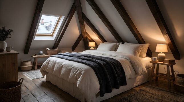 Cozy attic bedroom with a comfortable bed and warm lighting for relaxing and peaceful sleep