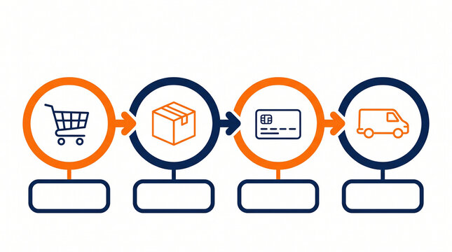 Online shopping order flow infographic showing purchase steps with rounded icons text boxes connected by horizontal arrows.
