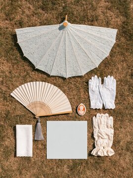Lace parasol and vintage lady accessories with a folding fan and gloves on a lawn, featuring soft textures for romantic nostalgic stories