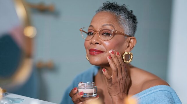 Midlife woman applying rich face cream to her cheek in a bathroom, showing a dignified and reassured expression for perimenopause skincare