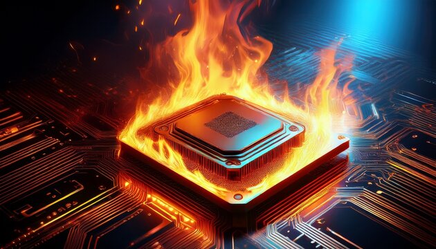 processor microchip verheated burning processor concept of computer cpu on fire after overclocking