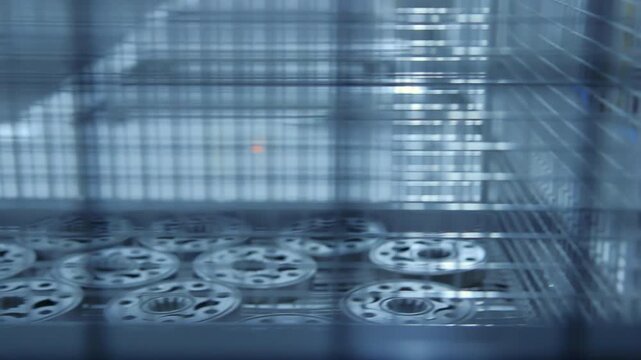 Machined metal discs stacked mesh basket. Handheld camera pan factory closeup.