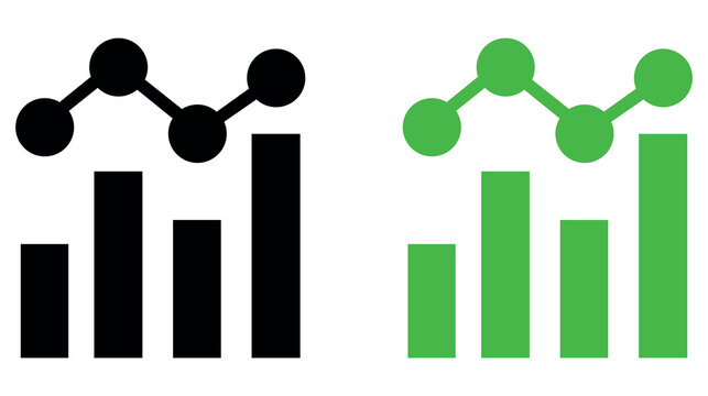 Business growth charts and financial statistics data analysis vector icons in black and green.