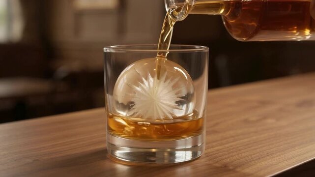 Amber spirit pouring over clear ice sphere in rocks glass on walnut bar