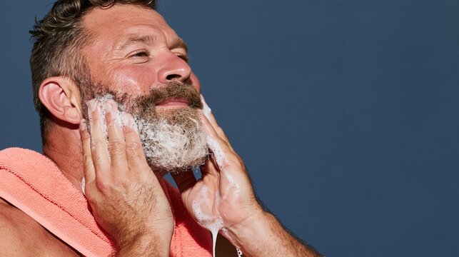 Man cleansing face with white foam and rubbing his beard during a morning routine, with wet textures for men's skincare and grooming ads