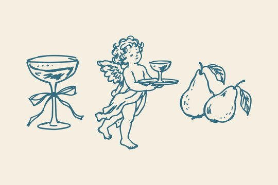 Romantic Dining Hand Drawn Vintage Sketch Set with Cherub, Cocktail Glass and Pears