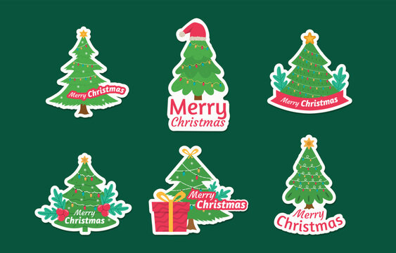 Tree stickers set with festive decorations and holiday typography on dark green background