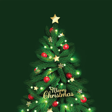 Christmas tree with golden star and red ornaments on dark green background for holiday greeting