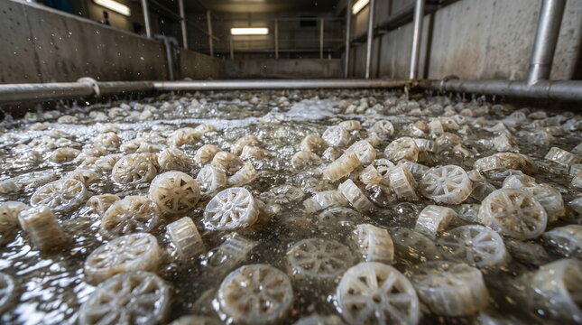 Surface view of plastic biomedia carriers churning in an aerated moving bed biofilm reactor tank for industrial wastewater treatment