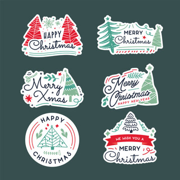 Sticker set with hand-drawn pine trees and festive typography on a dark background
