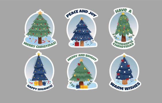 Christmas tree sticker set with festive holiday greetings and colorful gift boxes for seasonal decoration