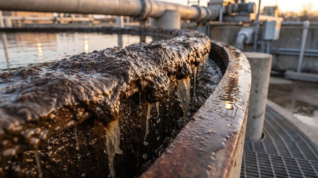 Thick dark sludge and liquid waste overflowing the rim of a circular clarifier tank at an industrial wastewater treatment plant