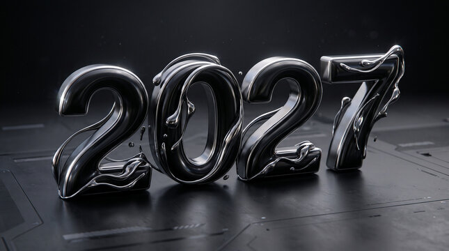 Futuristic 2027 liquid chrome metallic numbers on black technology surface for modern cyberpunk new year celebration and digital holiday banner design