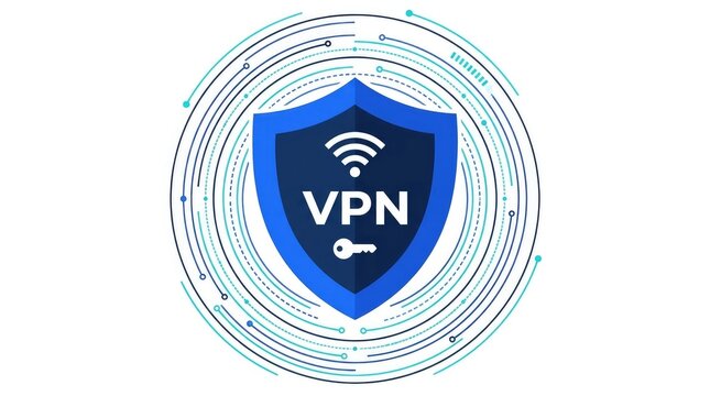 Blue shield icon representing internet privacy and secure data connection with bright glowing circular technological nodes