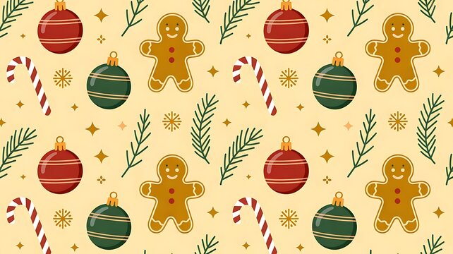 Seamless Christmas pattern with gingerbread men, baubles, candy canes and pine branches