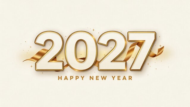 Elegant golden 3D 2027 numbers with gold ribbon and Happy New Year text on cream background
