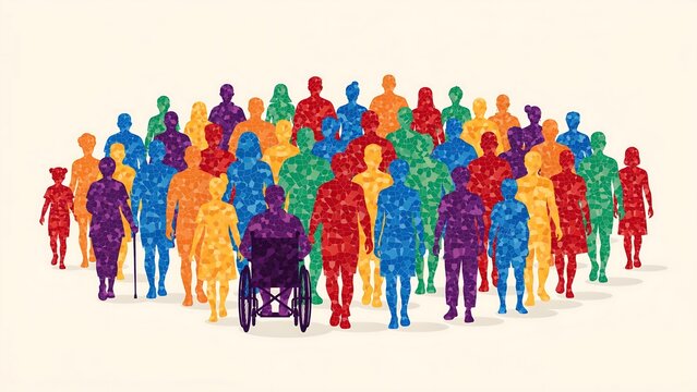 Diverse crowd of colorful people silhouettes including person in wheelchair on white background