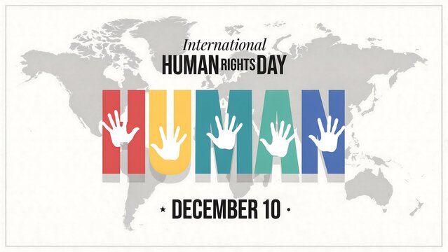 Human Rights Day 10 December banner with colorful handprints and world map background