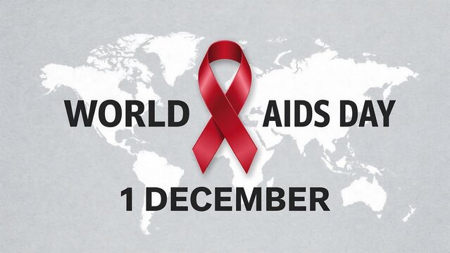 World AIDS Day 1 December awareness banner with red ribbon on world map background