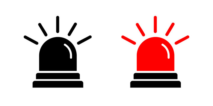 Emergency Siren icon set. Warning beacon symbols. Emergency alarm signs. Solid black and red flashing lights for emergency response, safety alerts and security systems