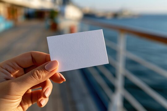 Hand holding blank card on cruise ship deck with ocean view