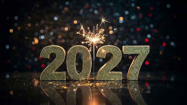 Golden glitter 2027 numbers with sparkler and bokeh lights for New Year celebration