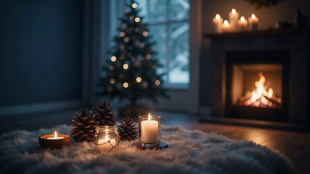 Cozy Christmas interior with decorated tree glowing fireplace candles and pine cones on a soft rug