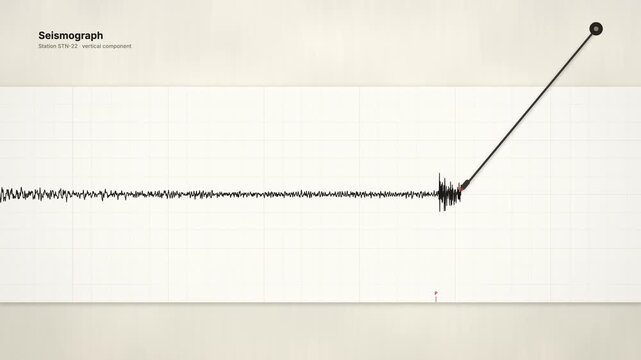 Seismograph pen arm recording a magnitude 5.5 earthquake on scrolling grid paper, seamless loop