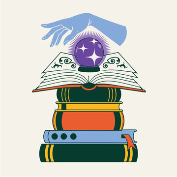 Vector illustration of magic spell books stack with a crystal ball and a mystical hand in flat design style