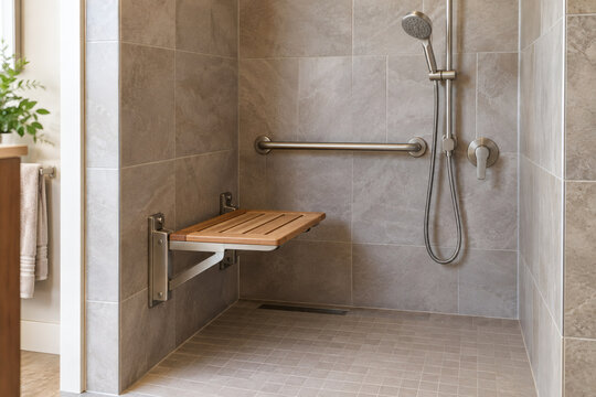 Fold Down Shower Seat with Grab Bar and Handheld Shower