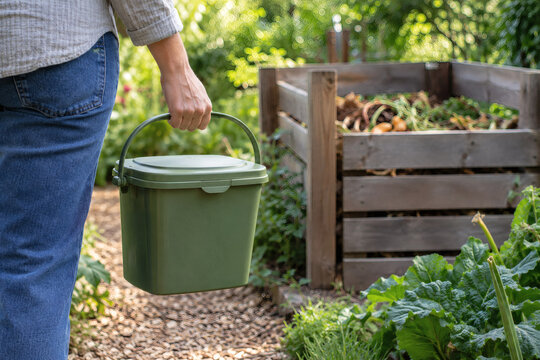 Carrying a Closed Scrap Pail toward a Garden Compost Bin