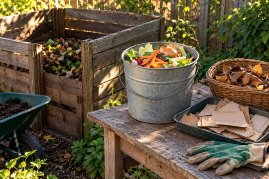 Vegetable Scraps and Dry Materials at a Garden Compost Station