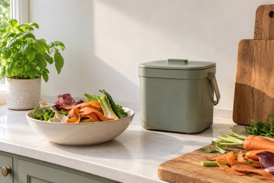 Closed Compost Caddy beside Vegetable Offcuts in a Kitchen