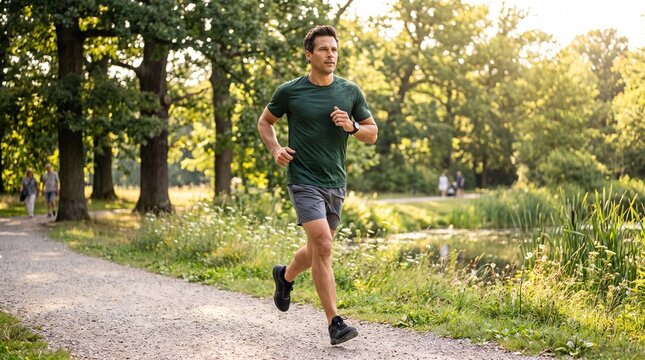 A determined man runs on a scenic park path, surrounded by lush trees and dappled sunlight, embracing an active lifestyle and fitness.