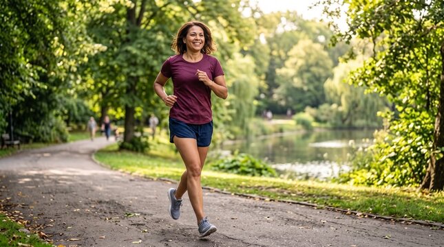 A fit and healthy woman enjoys a refreshing morning jog through a scenic park, surrounded by lush green trees and a tranquil lake, embodying a lifestyle of wellness and outdoor activity.