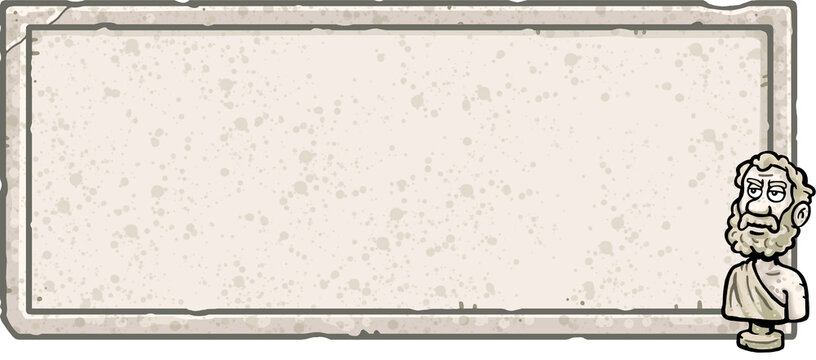 Old stone tablet frame with cartoon sculpture. Background element.